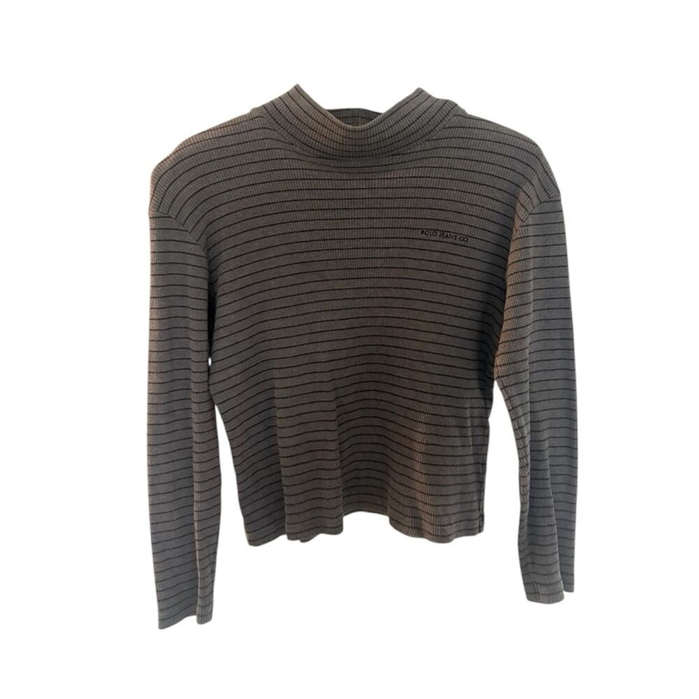 Vintage Ralph Lauren Polo Jeans Mockneck Long Sleeve Gray Black Striped Large